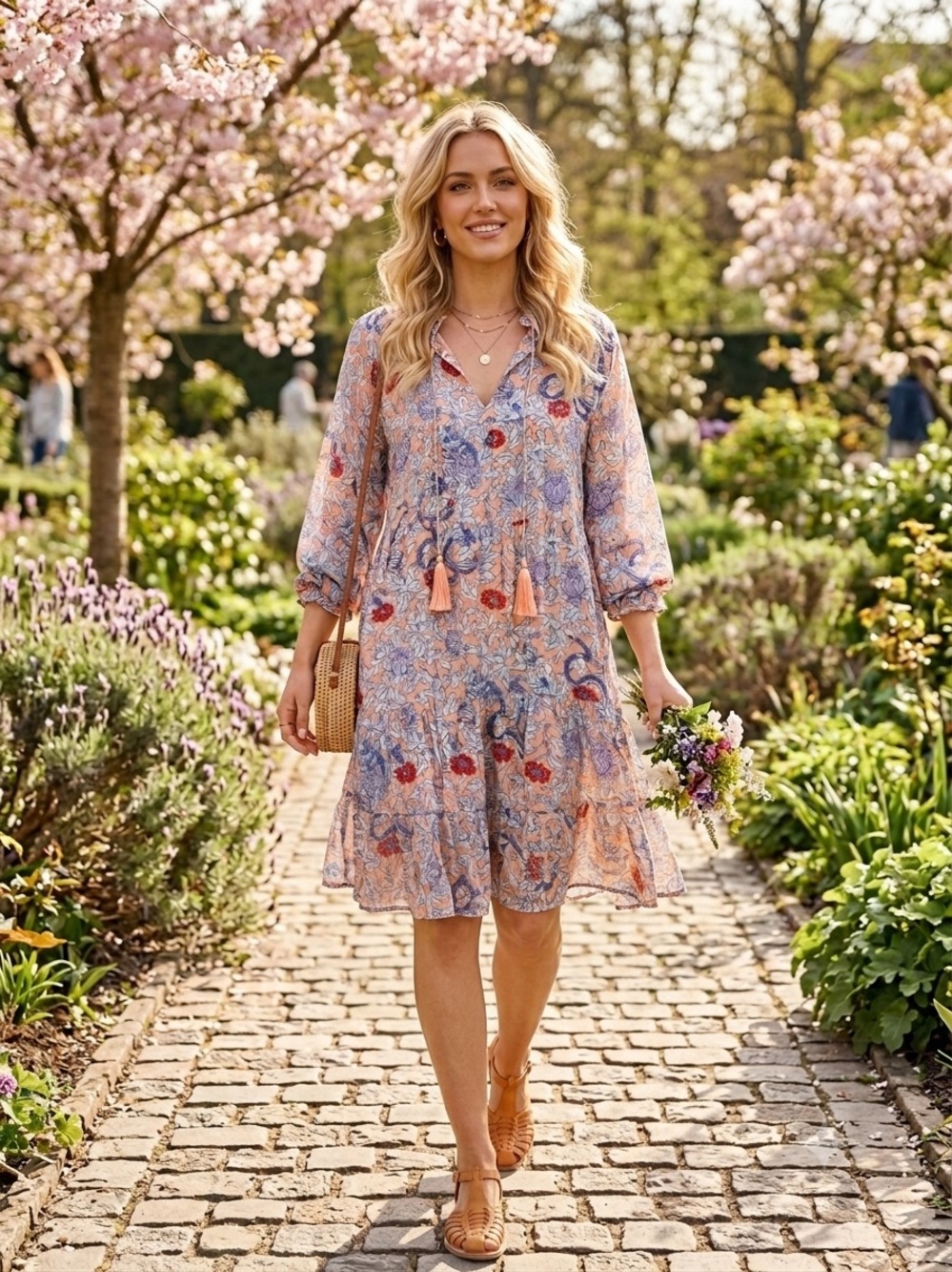 Roller Rabbit Peach silk Floral Print Tiered Sleeve Dress